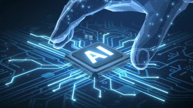 Abstract digital hand interacting with glowing artificial intelligence microprocessor chip on complex blue circuit board