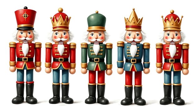 Group of five nutcracker soldiers dressed in festive military and royal attire.