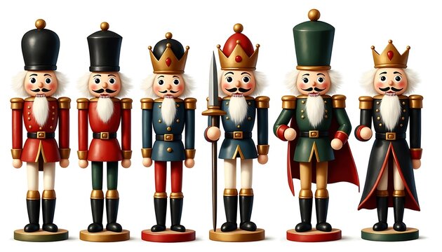 Collection of six nutcracker soldiers in various royal and military uniforms.