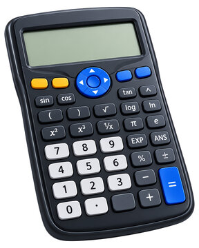 Scientific calculator with black casing, white number buttons, and blue math function keys isolated on a transparent background