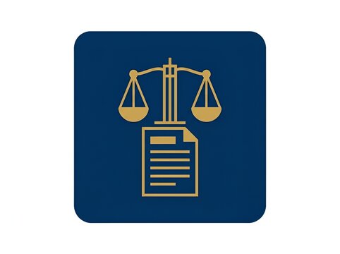 Scales of justice icon set against a solid dark blue background with a legal document illustration representing law and order concepts.