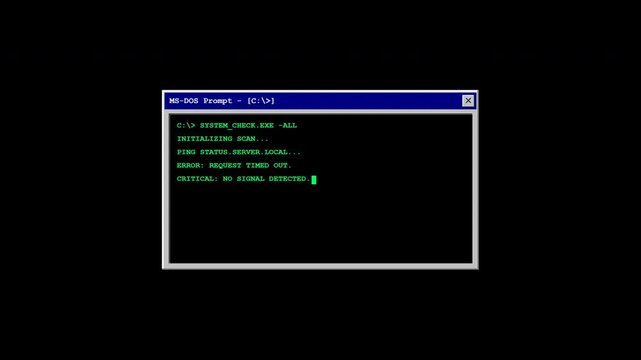 Animated classic 90s computer terminal prompt window with typing text effect and blinking cursor in 4K transparent overlay.