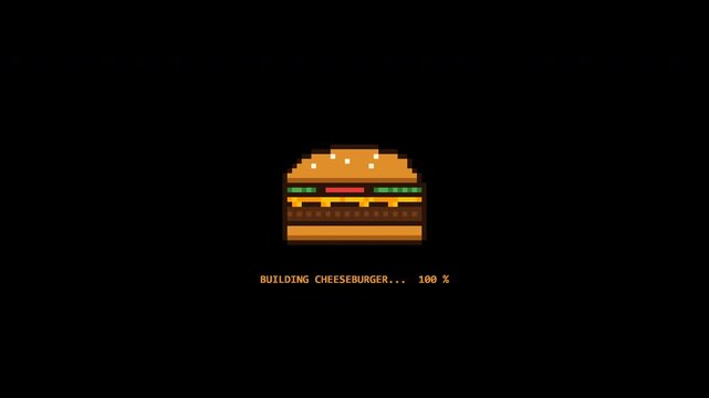 Animated retro pixel art cheeseburger stacking with balanced proportions and adjusted bottom text placement with percentage counter in 4K transparent.