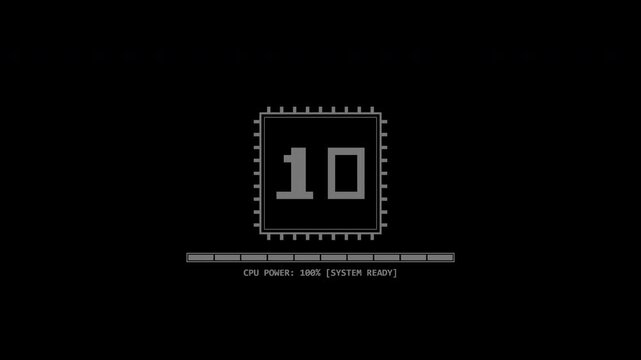 Animated 8-bit retro CPU core counting from 1 to 10 with pulsing circuit power bars and system ready status in 4K transparent overlay.
