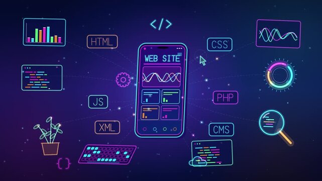 Neon smartphone with web development code and technology icons on dark background