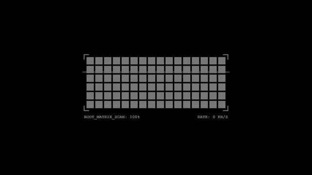 Animated retro CRT matrix scan loading overlay with laser beam sweeping across pixel grid blocks and telemetry stats counter in 4K transparent overlay.