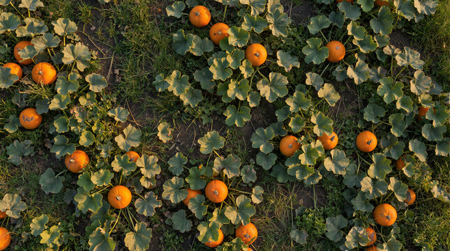 Top-down view of vibrant orange pumpkins scattered across a geometric harvested dacha plot in crisp autumn