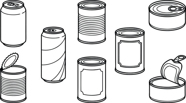 Canned Food and Aluminum Beverage Can Line Art Icon Set with Open and Closed Tin Containers for Grocery Store Shopping and Product Packaging Graphic Designs