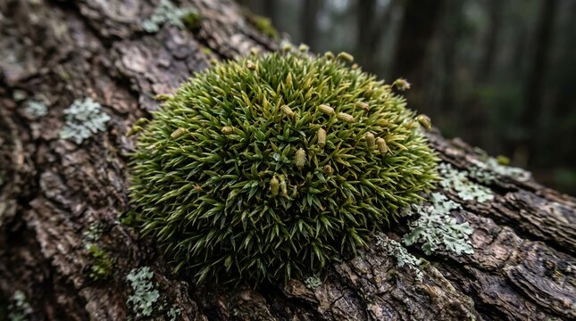Orthotrichum lyellii Green moss patch growing densely on the rough bark of a fallen tree trunk in a damp forest setting.
