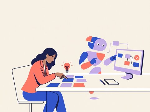 Human and AI Collaboration in a Modern Workplace Flat Illustration