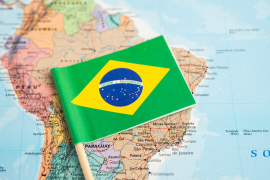Bangkok, Thailand July 13, 2025 Brazil flag on world map.