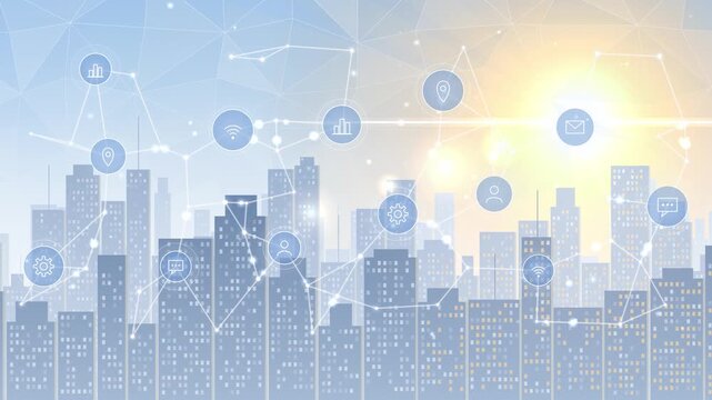 Smart city concept with digital connectivity and technology network icons over modern skyline