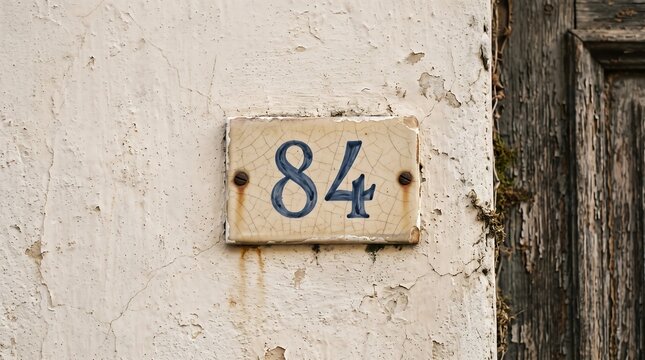 A close-up shot of an old, weathered ceramic house number plate displaying the number 84, affixed to a textured, peeling wall next to a rustic wooden door.