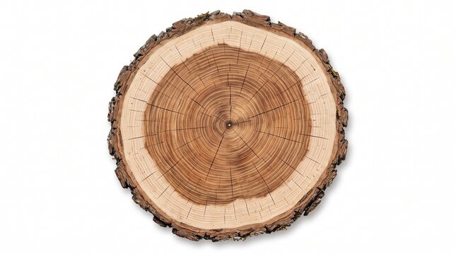 Tree Trunk Cross Section with Growth Rings on White Background