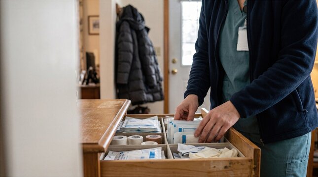Healthcare professional organizes wound care supplies in drawer