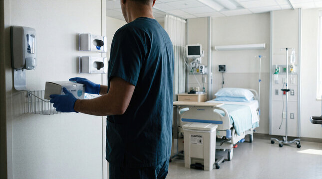 Medical worker restocking surgical masks in hospital ward