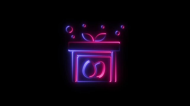 Neon glowing gift box icon with egg shapes inside for easter holiday celebration