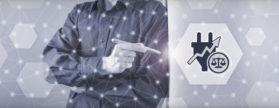 A conceptual image illustrating energy law and regulatory frameworks in the utility sector with a business professional pointing at an electrical plug symbol with a rising chart and scales of justice