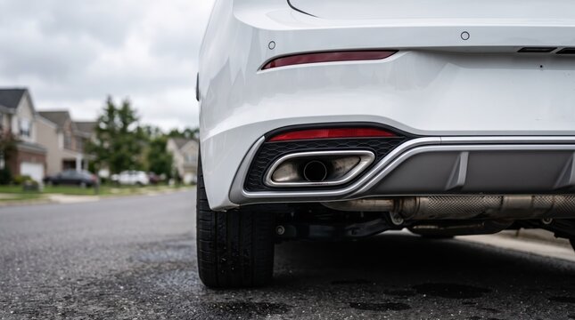 Close up rear view of white luxury car exhaust pipe and chrome bumper detail, highlighting automotive design and engineering features parked on suburban street asphalt road