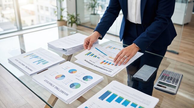 Businesswoman reviewing printed marketing strategy and performance overview reports with charts and graphs on a glass table, preparing for a corporate presentation or meeting.