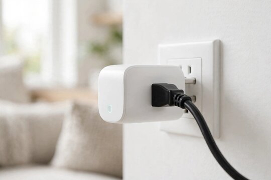 White Smart Plug in a Wall Socket with a Power Cord Connected