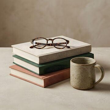 Study session features reading glasses on books beside ceramic mug
