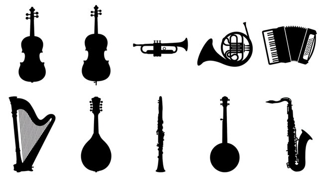 Instruments music silhouette orchestra in audio sound concert of band melody play violin trumpet accordion