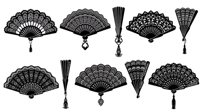 Hand fan vintage lace in folding silhouette accessory of spanish oriental vector black set collection