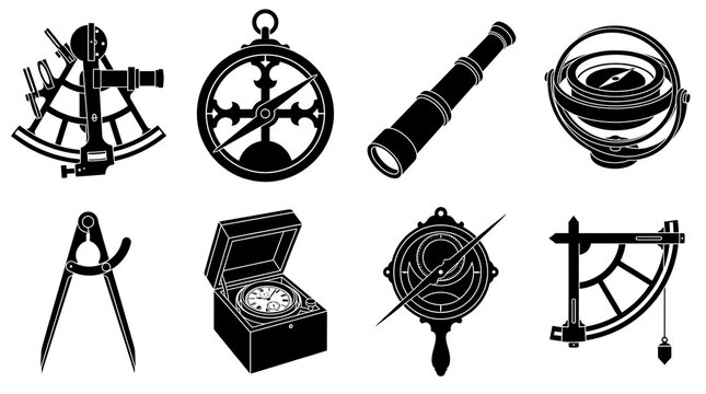 Compass navigation sextant telescope in antique vintage vector of silhouette tool instrument map sea ocean