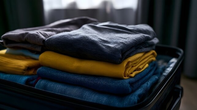 Neatly folded clothes in a suitcase  showcasing layered garments in muted tones with soft natural lighting from a window in the background