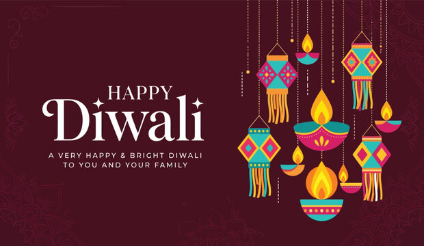 Vibrant Happy Diwali Banner Template with Traditional Kandil Lanterns and Diya Oil Lamps on Maroon Mandala Background for Indian Festival of Lights Celebration and Digital Greeting Card.