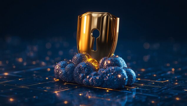 Golden security shield and keyhole resting upon glowing digital cloud network technology background