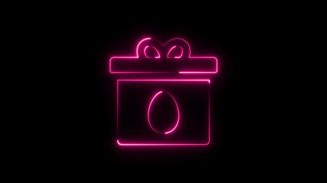 Glowing pink neon gift box icon with an easter egg symbol on a black background