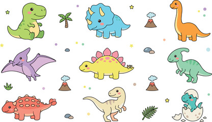 Cute Kawaii Dinosaur Vector Element Set featuring Tyrannosaurus Rex, Triceratops, Stegosaurus, Pterodactyl, and Prehistoric Volcanoes for Kids Graphic Designs © Asraful