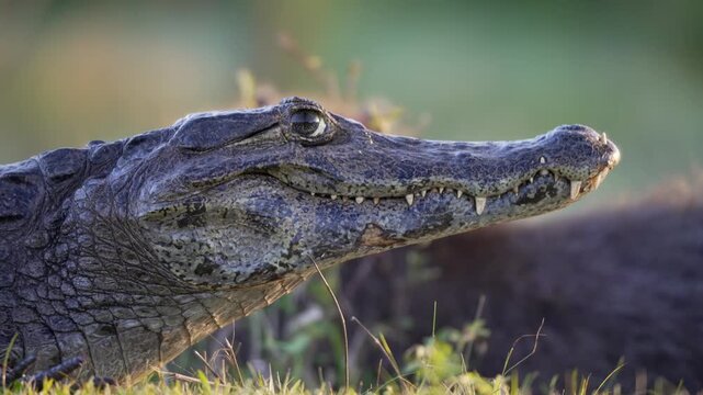 Yacare caiman rests nearly motionless in a tight side close-up, with a slight blink. Warm side light and shallow depth of field isolate its textured head against a soft green background.