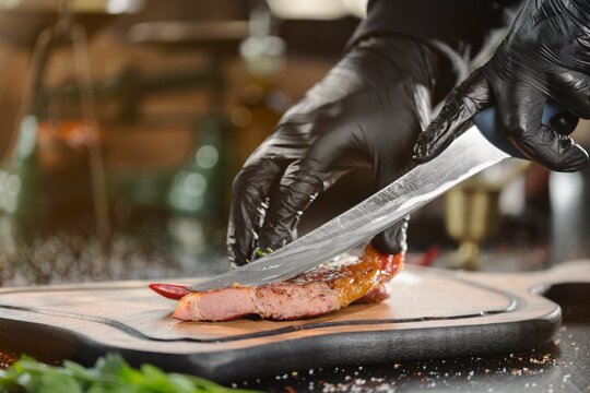 Balkan cuisine preparation framed through knife movement, warm kitchen tones, and open background space for menu layouts, culinary branding, and food service design