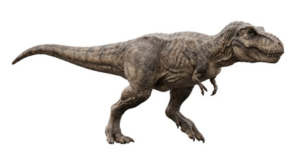 Tyrannosaurus rex dinosaur sculpture in aggressive hunting posture for paleontological museum display. © Isolated_png