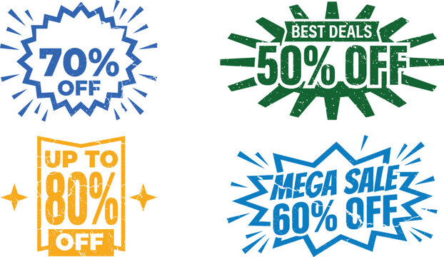 Assorted sale price tag stickers with blue yellow and green discount percentage typography