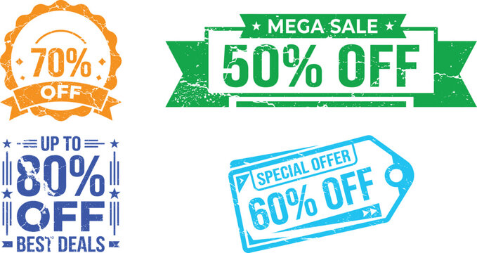 Four assorted sale discount labels featuring varied percentage off pricing and creative shapes