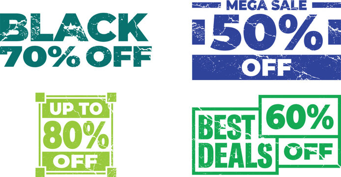 Set of four retail sale discount labels with black blue and green promotional typography