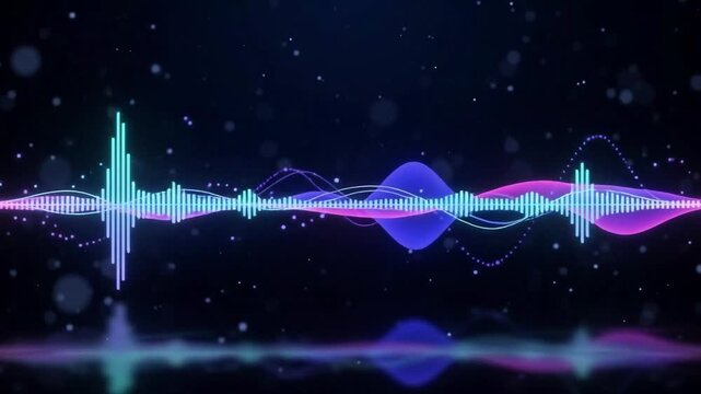 Colorful Neon Audio Waveform Animation with Glowing Sound Waves, Frequency Bars and Floating Particles on Dark Background