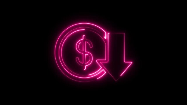 Neon pink glowing dollar coin symbol with a downward arrow representing financial loss or price reduction on a dark background