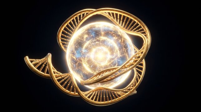 Golden DNA double helix glowing against a black background