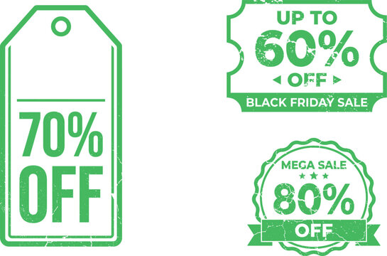 Green promotional retail tags and sale discount labels with rough texture