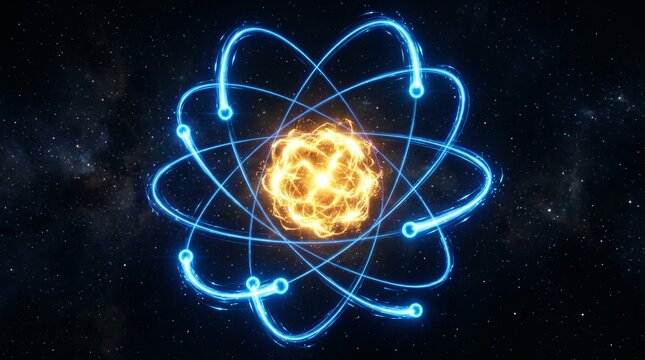 Glowing atomic model with blue electron orbits in space