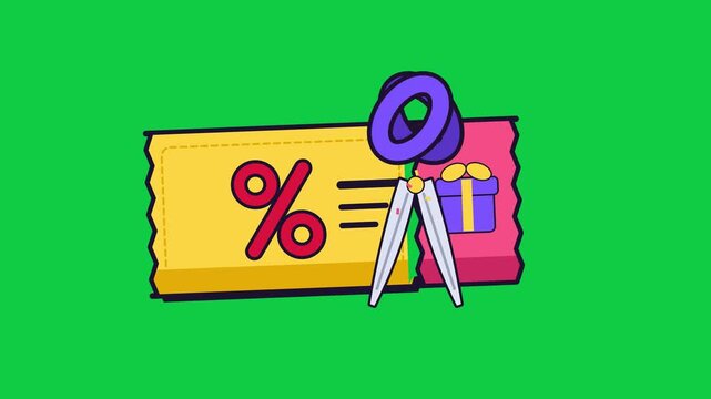 Scissors cutting discount coupon with percent sign on green screen