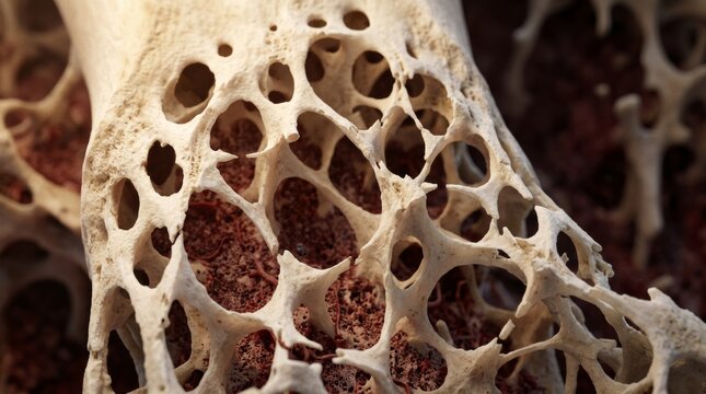 Close view of porous trabecular bone inside a skeleton