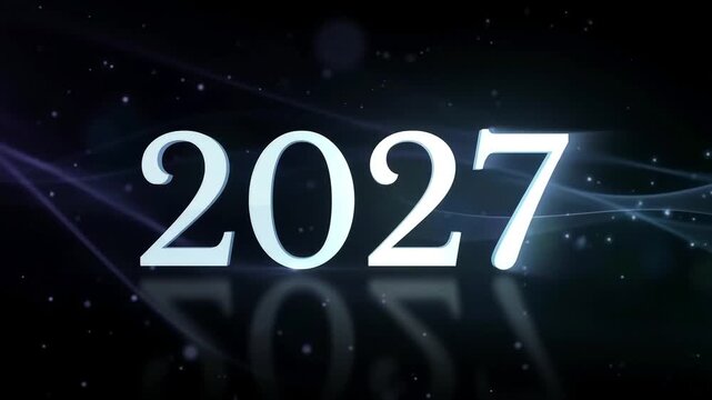 Elegant 2027 New Year Title Reveal with Glowing White Numbers, Blue Light Trails and Reflective Dark Background