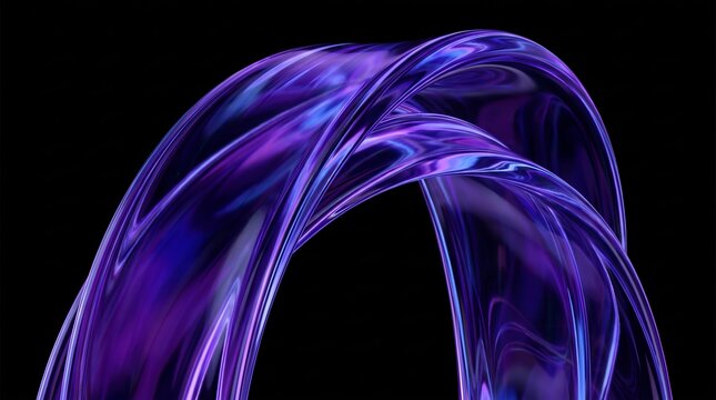 Glowing purple glass waves intertwine in dynamic looping shapes, creating a modern futuristic design under soft lighting