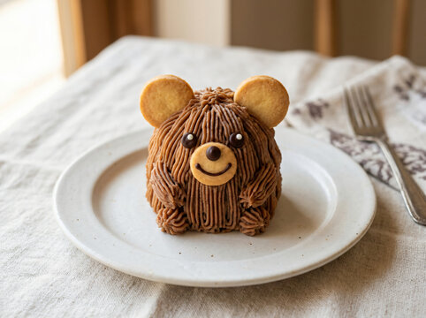 A cute bear shaped chestnut mont blanc cake served on a plate.